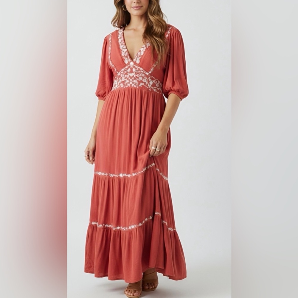 Baltic Born Santa Fe Embroidered Maxi Dress in Rust Size Medium NWT - Picture 1 of 10